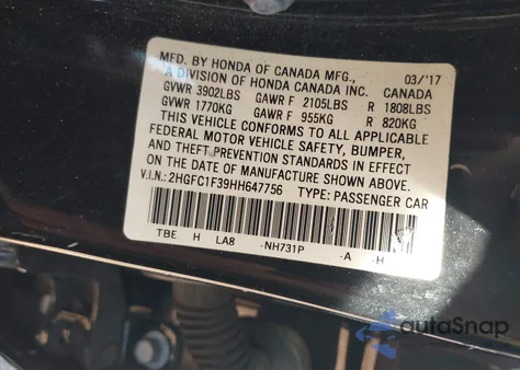 2017 Honda Civic Ex-T from USA, damaged, VIN 2HGFC1F39HH647756